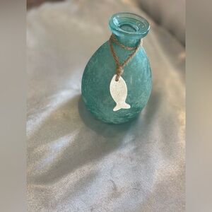 Aqua Glass Vase with Silver Fish Charm
